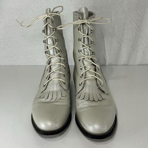 Justin Roper Womens Size 9 B Pearl White Leather Lace Up Kilt Ankle Cowboy Boots - Picture 2 of 9